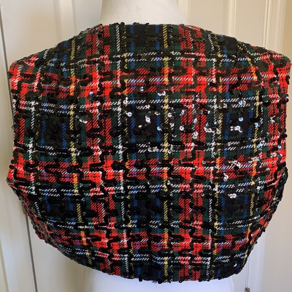 Vintage LEE JORDAN New York Red Tweed Plaid Sequence Cropped Short Vest - Picture 5 of 7